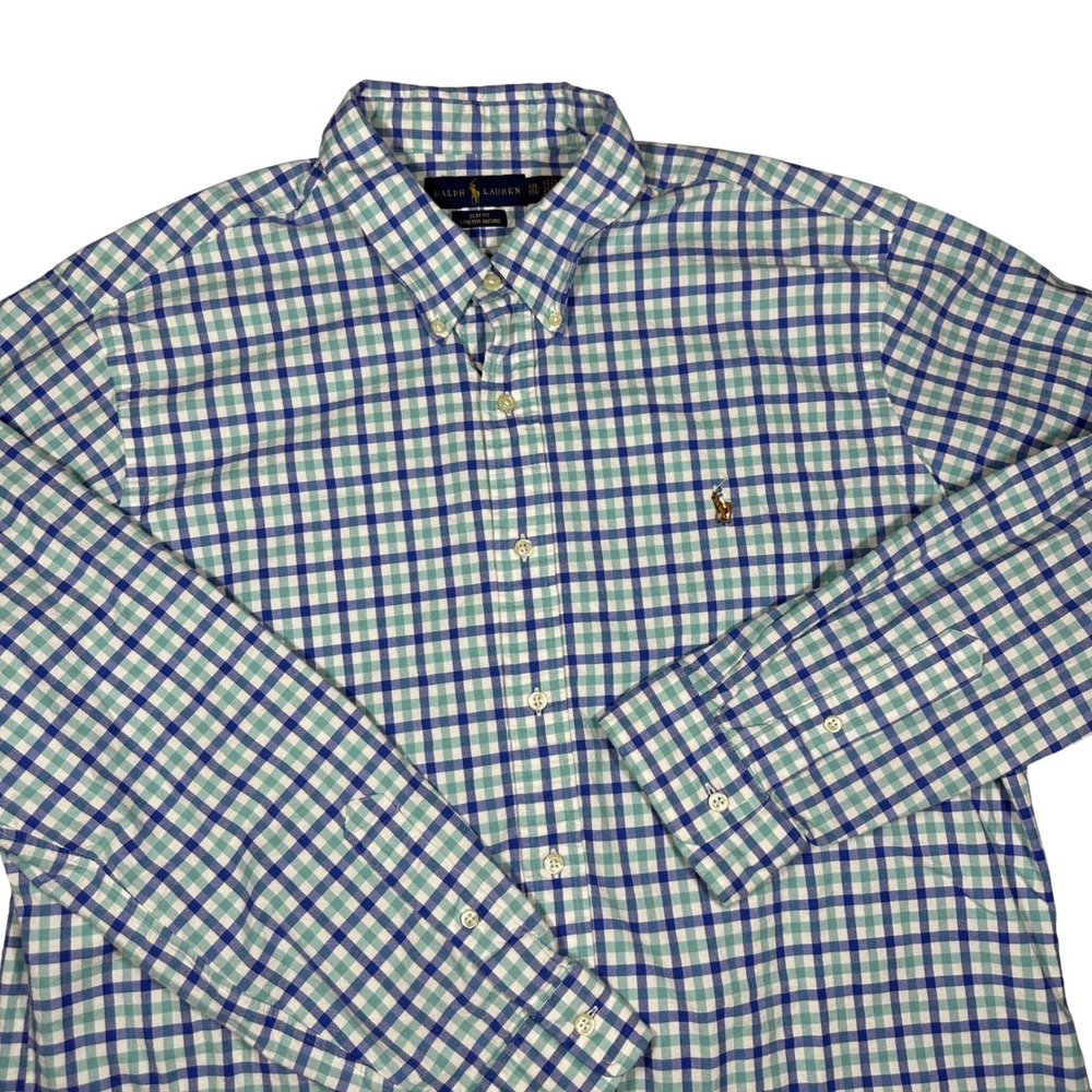 Ralph Lauren Button Down Shirt Mens XXL Blue Gingham Cotton LS Oxford Flesh Pony